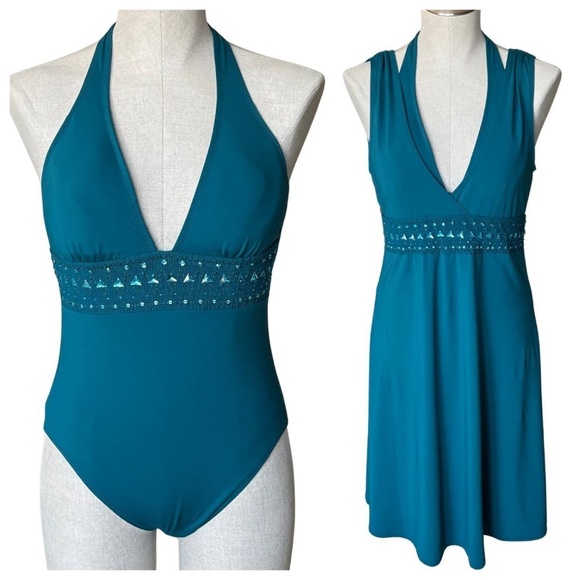 Dkny Other - DKNY Teal Green Halter Rhinestone Studded Swimsuit Sz 10 NWT & Cover-Up Dress L